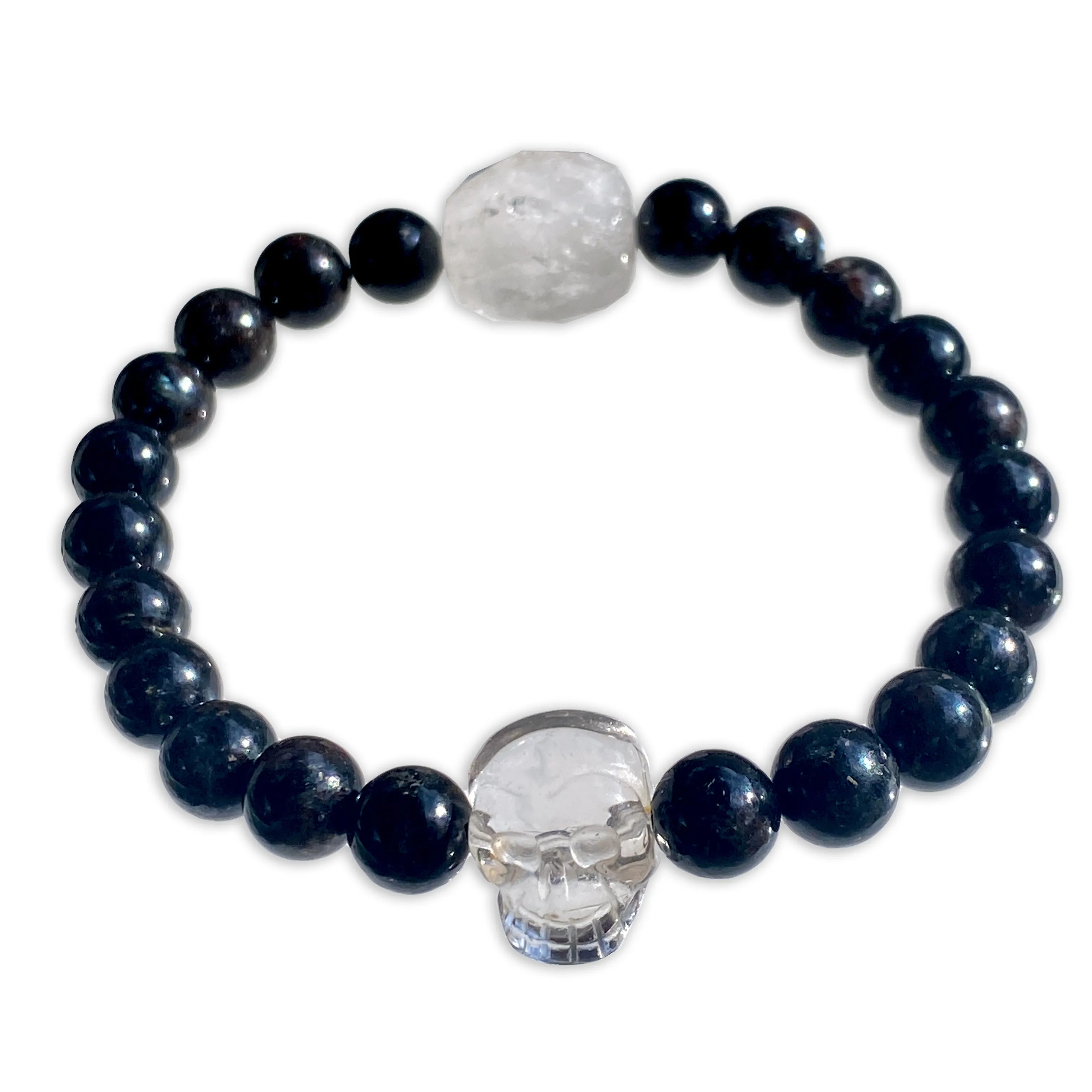 Onyx gemstones and Clear Quartz Skull stretch Bracelet