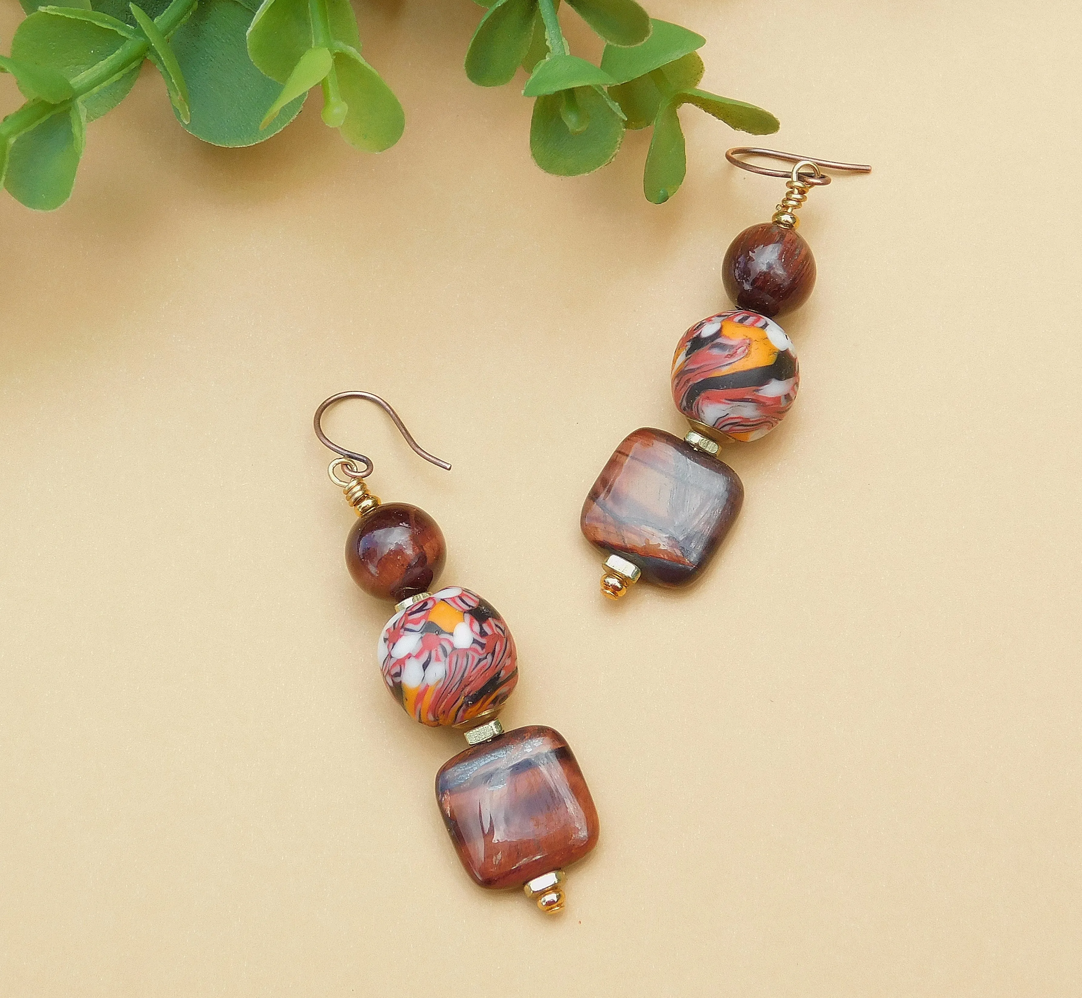 Orange and Brown Krobo Bead Earrings w/ Tiger Eye Gemstones