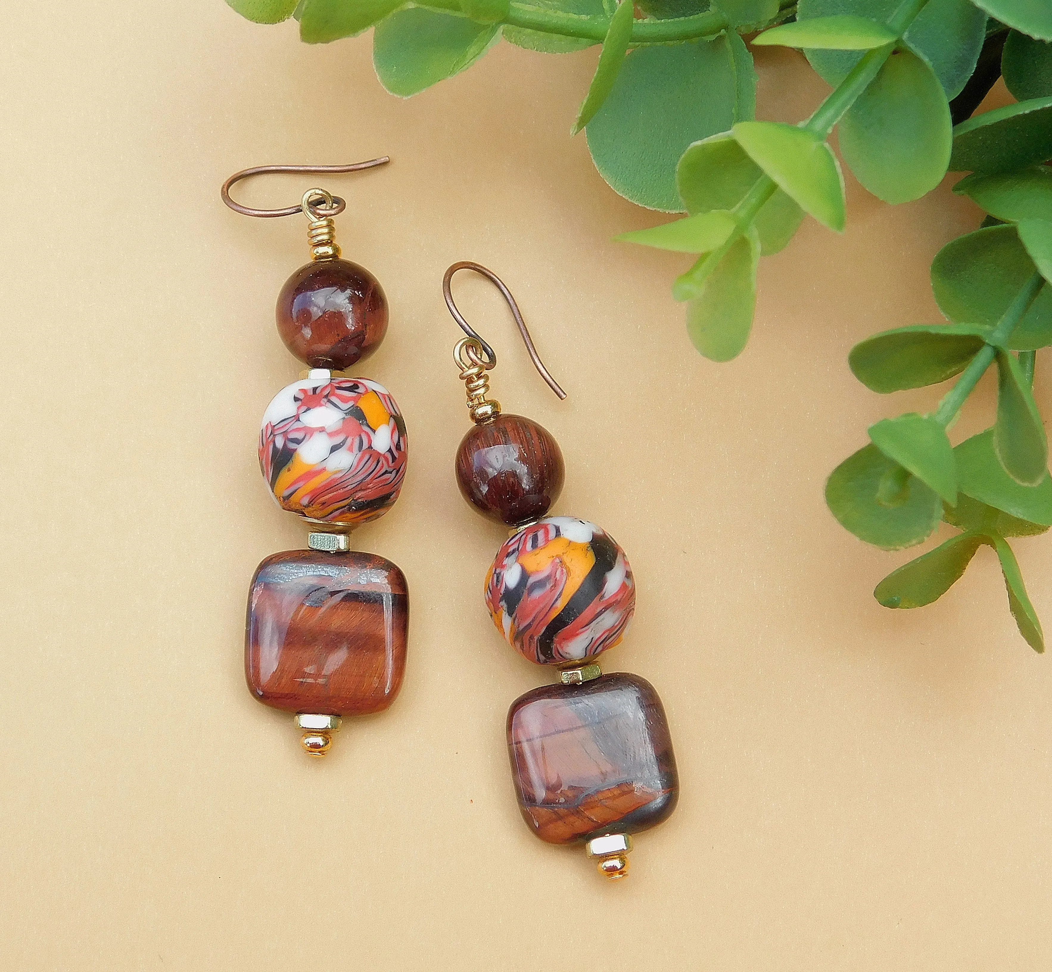 Orange and Brown Krobo Bead Earrings w/ Tiger Eye Gemstones