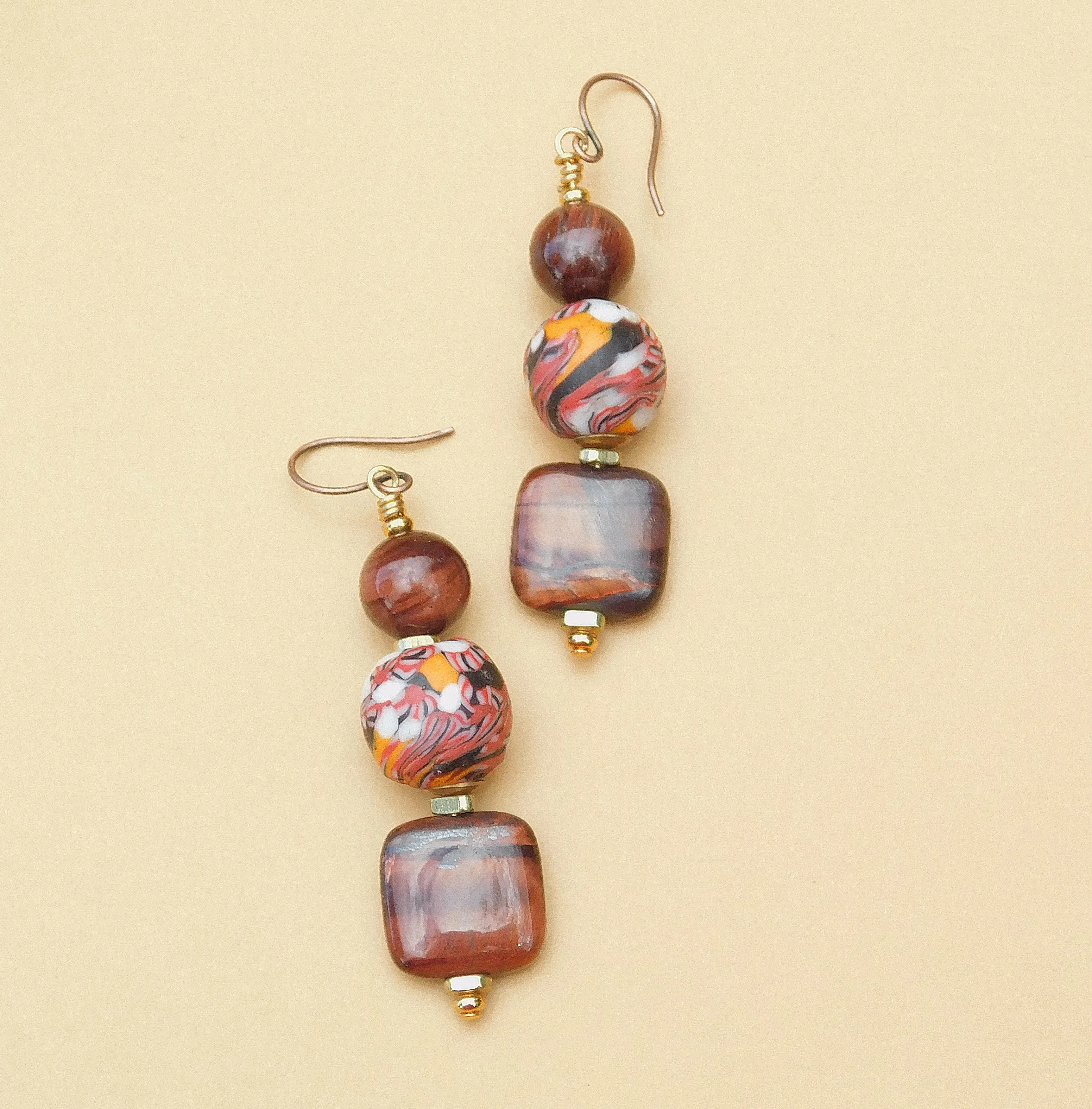 Orange and Brown Krobo Bead Earrings w/ Tiger Eye Gemstones