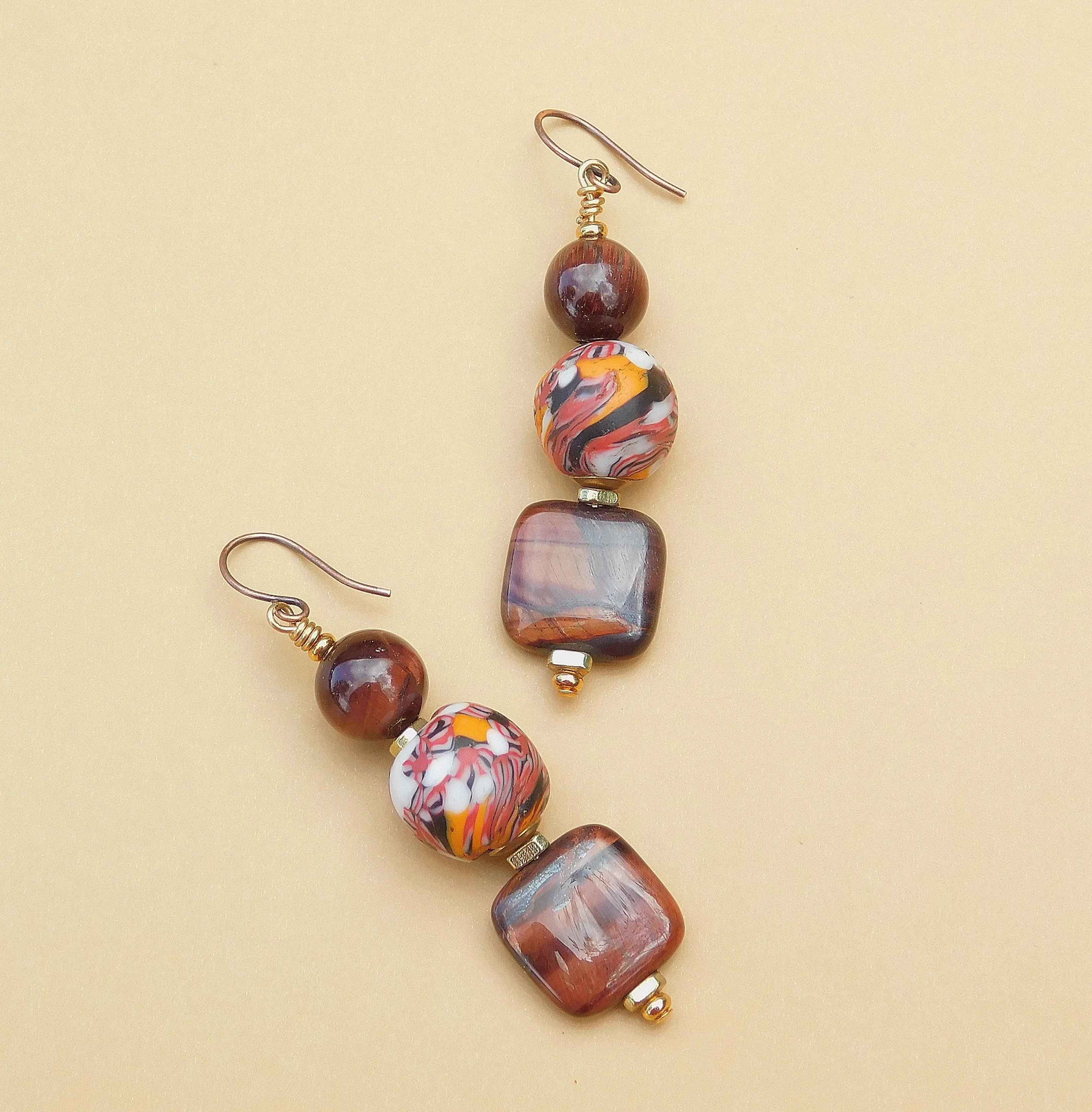 Orange and Brown Krobo Bead Earrings w/ Tiger Eye Gemstones