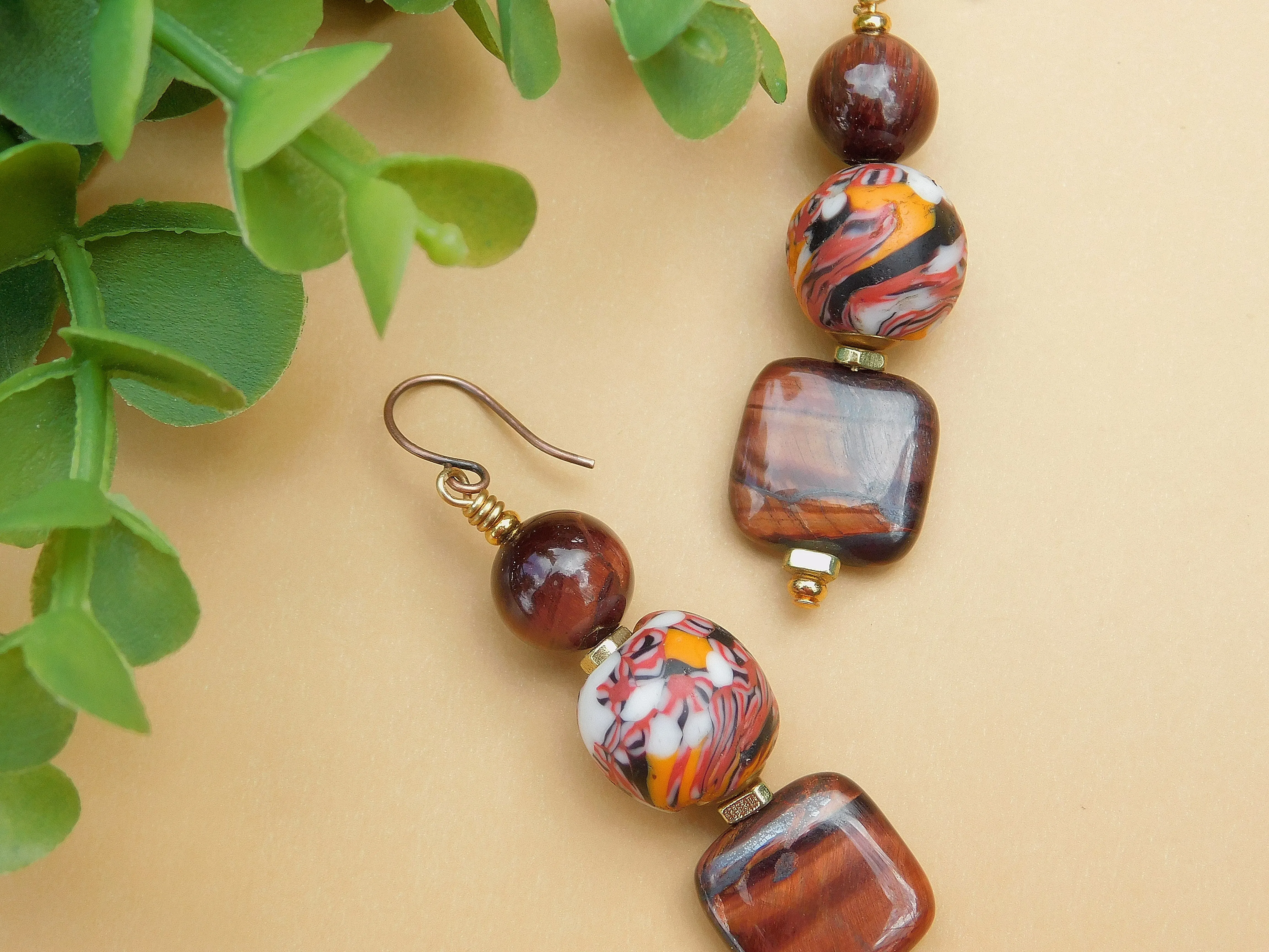 Orange and Brown Krobo Bead Earrings w/ Tiger Eye Gemstones