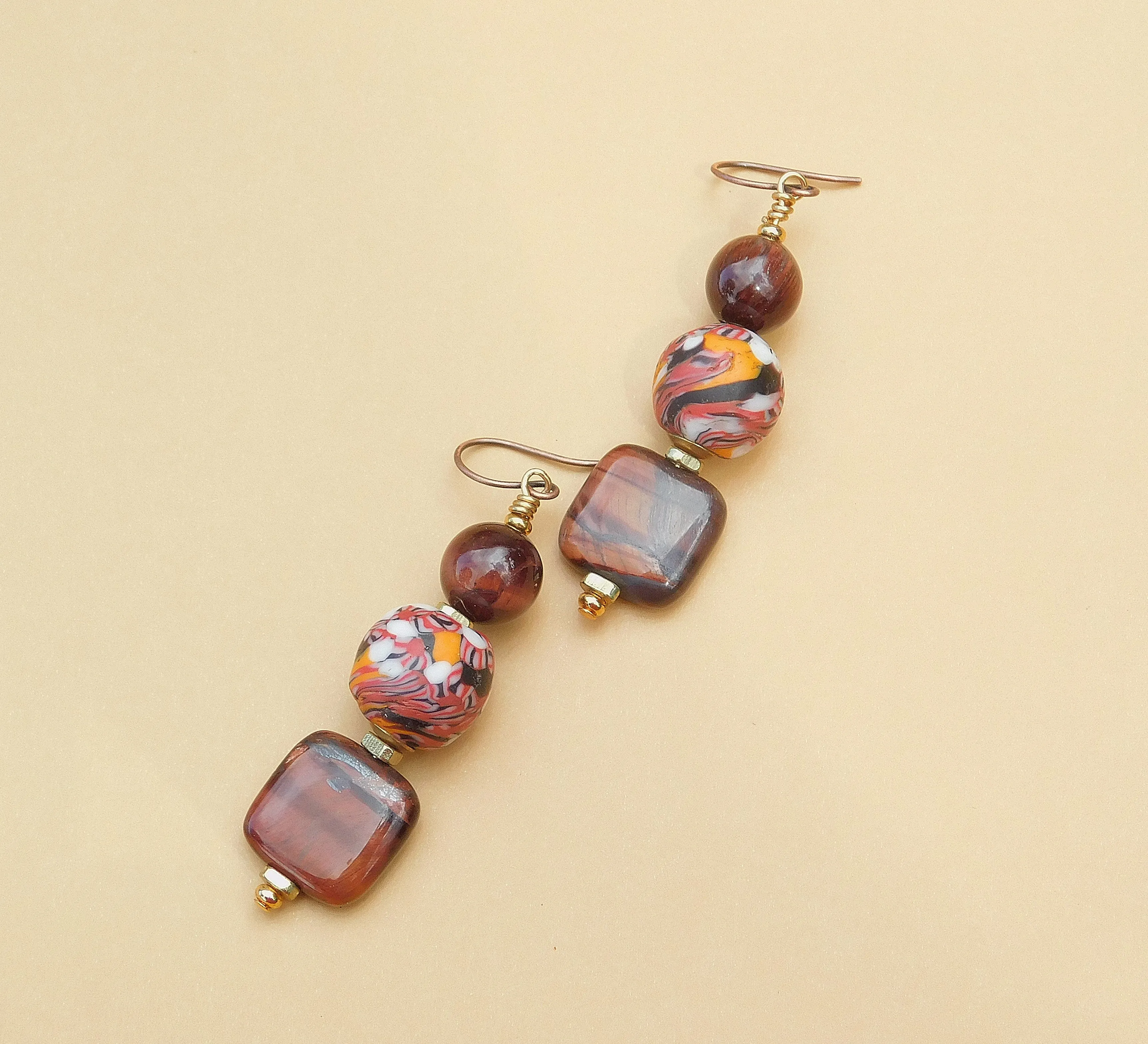 Orange and Brown Krobo Bead Earrings w/ Tiger Eye Gemstones