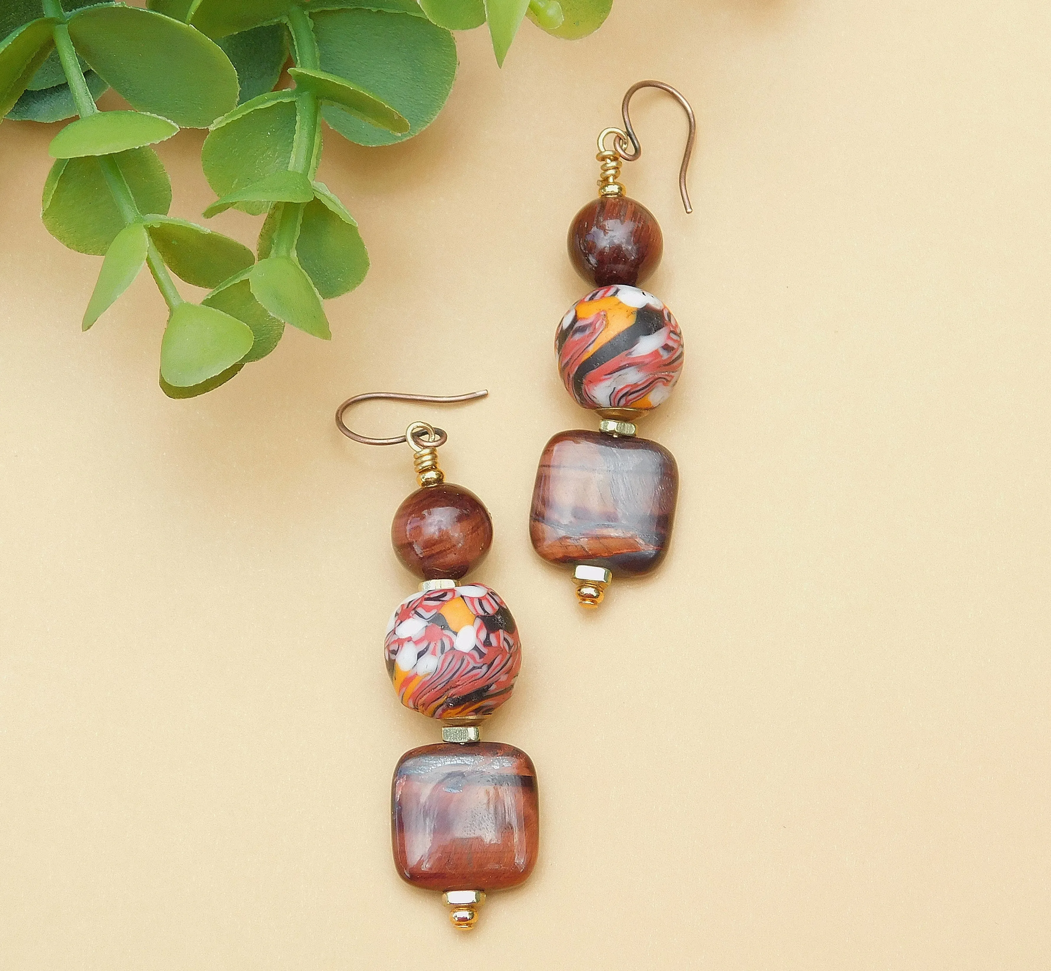 Orange and Brown Krobo Bead Earrings w/ Tiger Eye Gemstones