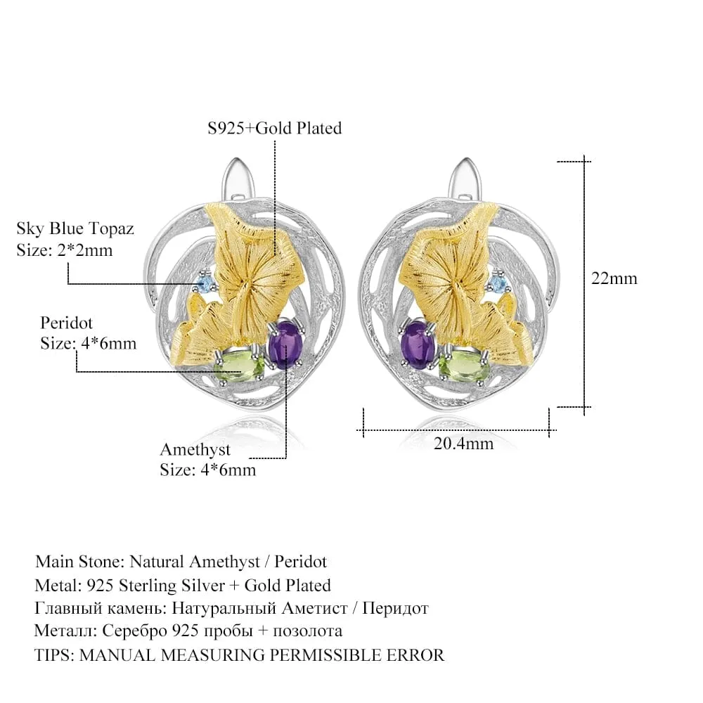 Peridot & Amethyst Gemstones 925 Sterling Silver Earrings