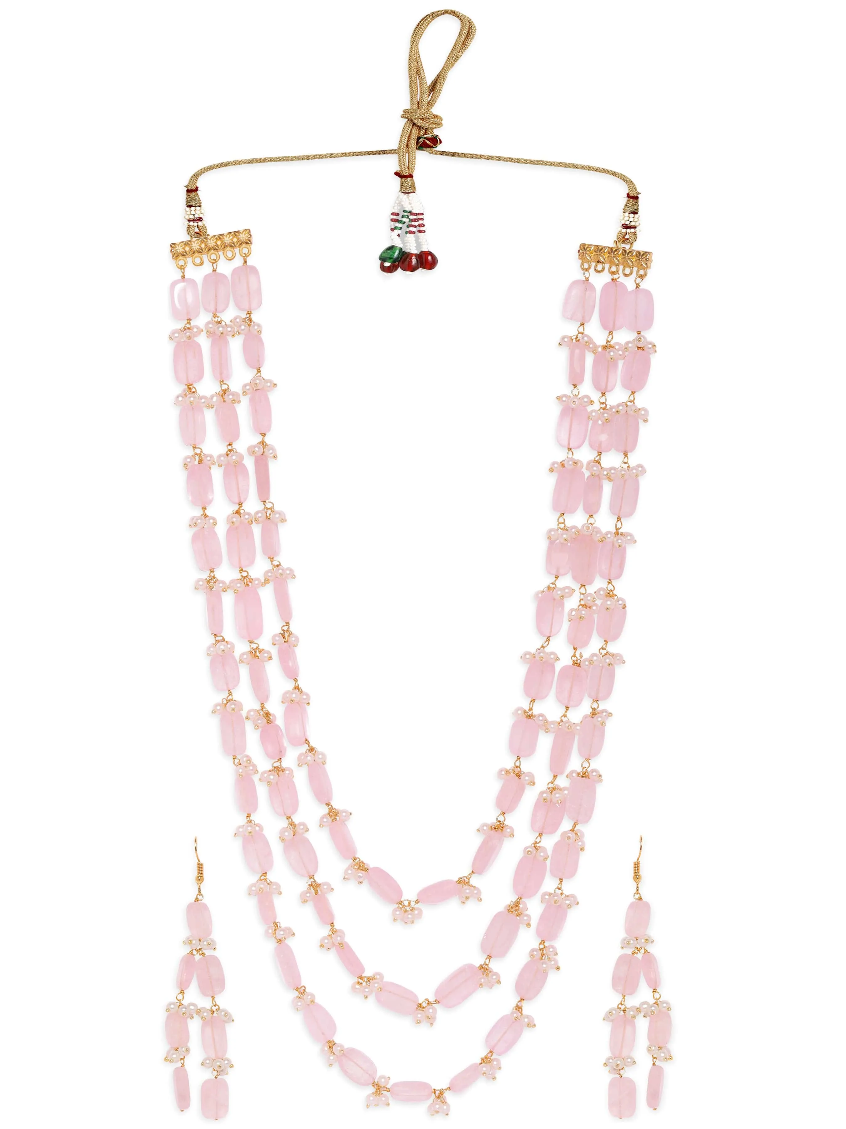 Rubans 22K Gold Plated Semi precious Rose quarts Gem Beaded Zirconia studded Multilayer Statement Necklace Set