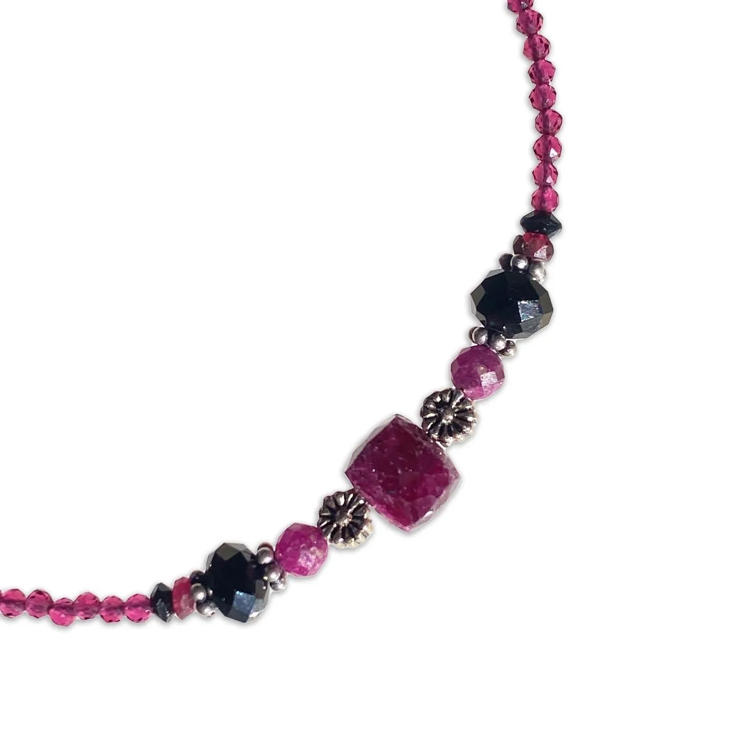 Ruby, Black Spinel, Red Spinel gemstones, and Sterling Silver Bracelet