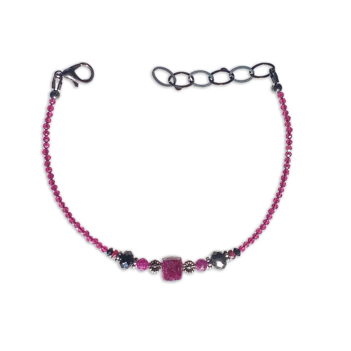 Ruby, Black Spinel, Red Spinel gemstones, and Sterling Silver Bracelet