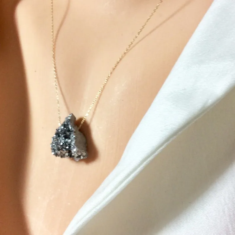 Solid Gold 18K Raw Druzy Quartz Pendant, Floating Pendant on Solid Gold Chain, 18Inches long