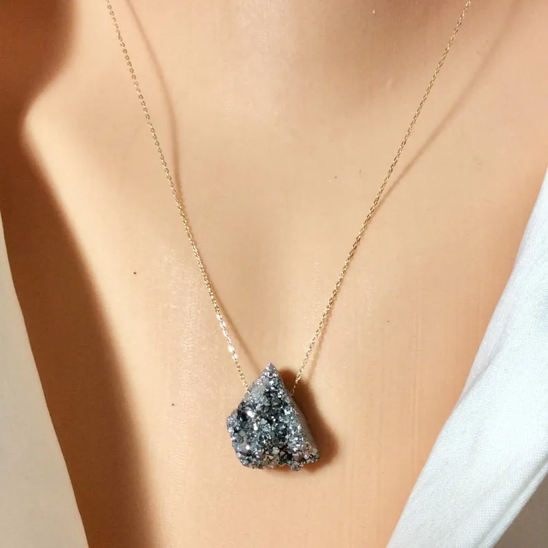 Solid Gold 18K Raw Druzy Quartz Pendant, Floating Pendant on Solid Gold Chain, 18Inches long