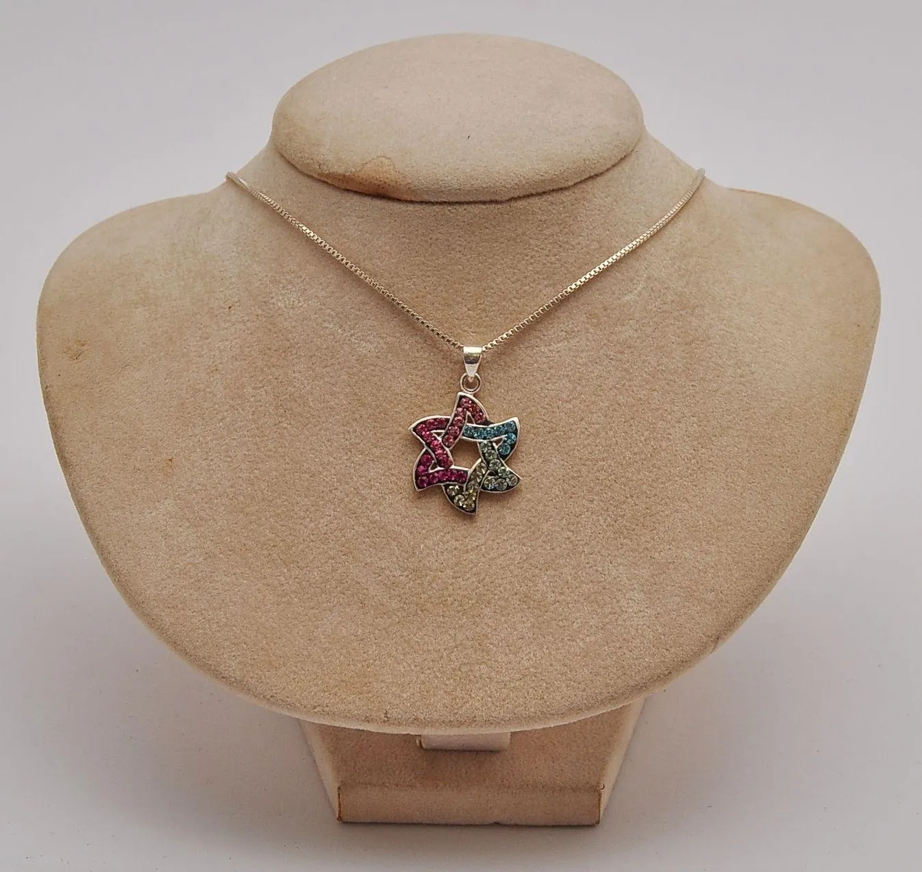 Star Of David Pendant With Multi Colors Gemstones Sterling Silver 925 Necklace