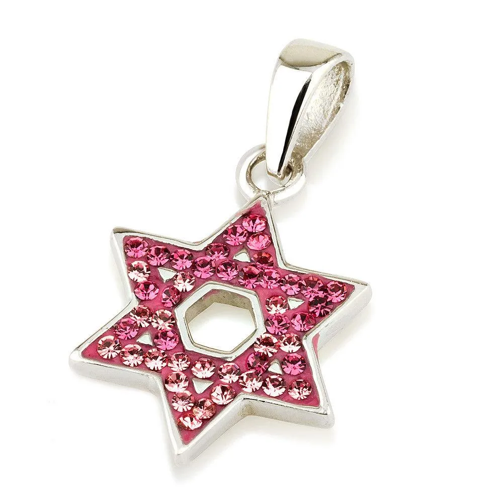 Star of David Pendant With Pink Gemstones   925 Sterling Silver Necklace