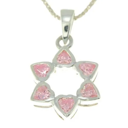 Star of David Pendant With Pink Gemstones   925 Sterling Silver Necklace