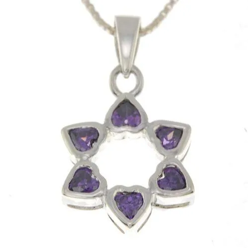 Star of David Pendant With Purple Gemstones   925 Sterling Silver Necklace