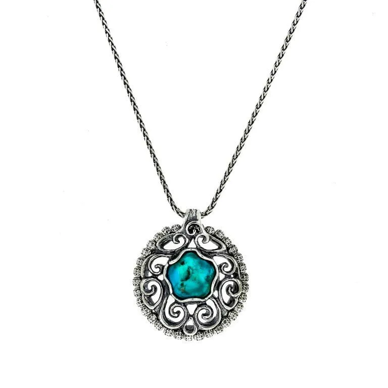 Sterling Silver Necklace for woman set with Turquoise / Gemstones Israeli Necklace for woman.