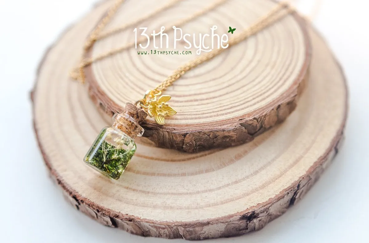 Tiny real moss bottle pendant necklace