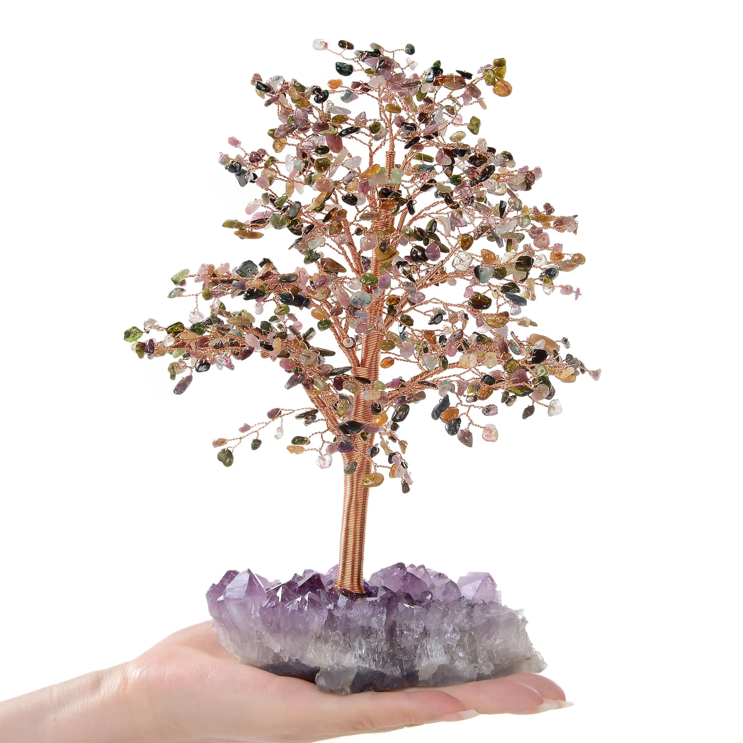 Tourmaline Tree of Life on Amethyst Geode Base with 728 Natural Gemstones