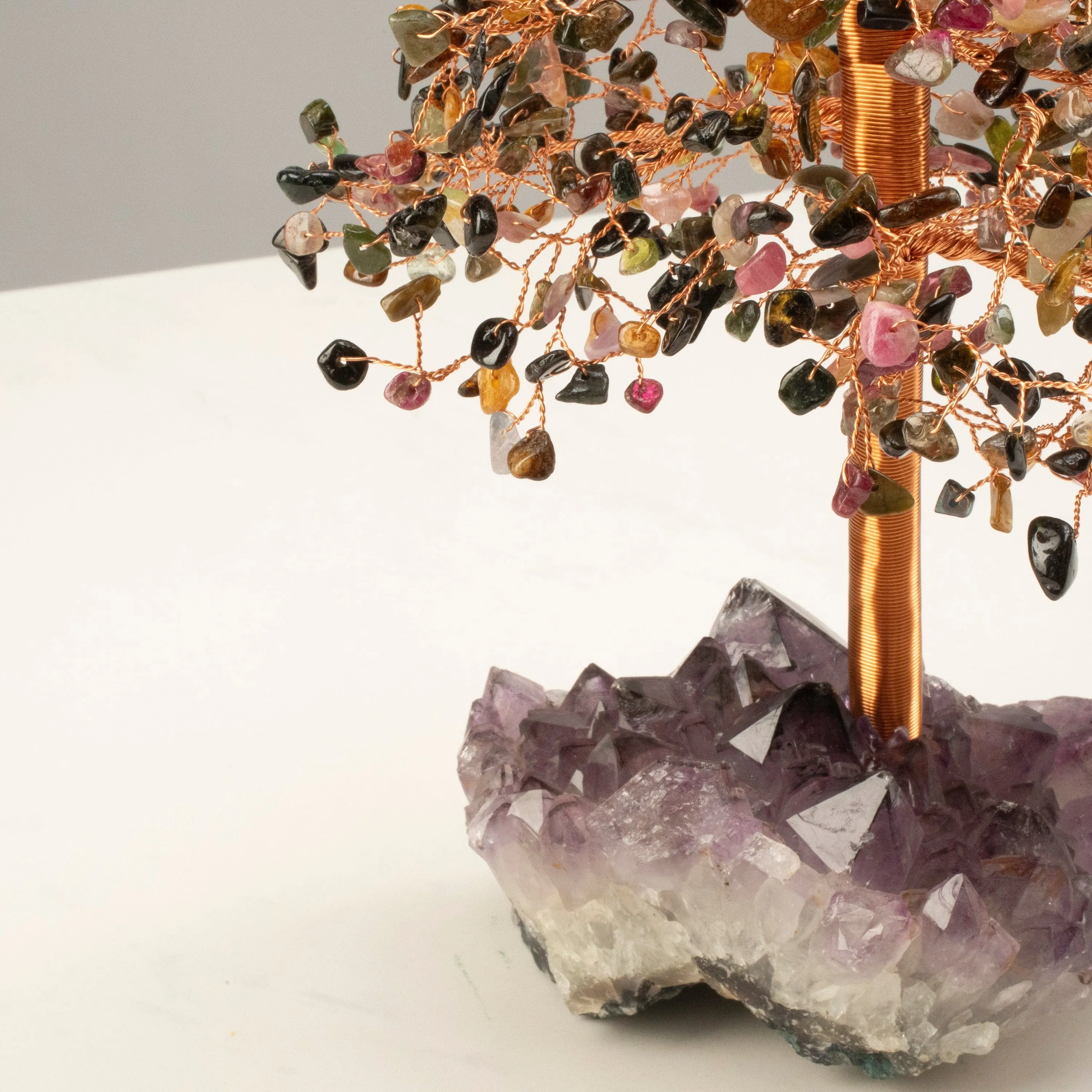 Tourmaline Tree of Life on Amethyst Geode Base with 728 Natural Gemstones