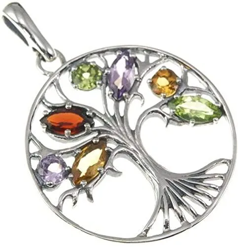 Tree of Life Clear mix Gemstones 925 Silver Handmade Pendant   Silver Necklace Chain