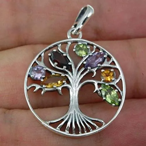 Tree of Life Clear mix Gemstones 925 Silver Handmade Pendant   Silver Necklace Chain