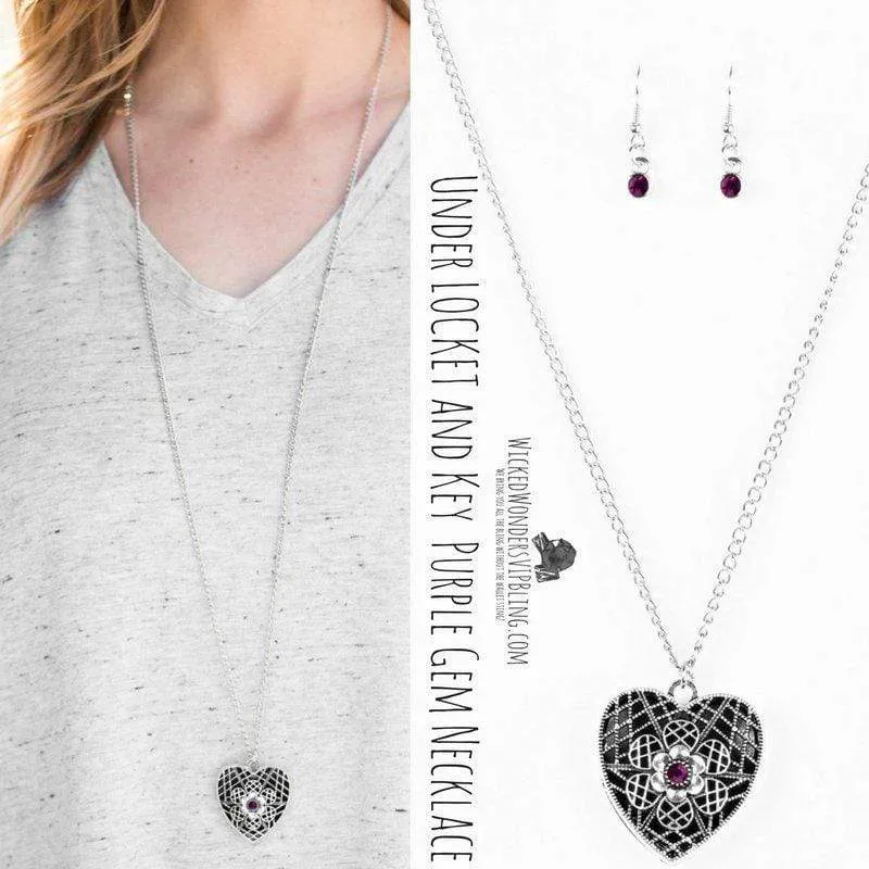 Under LOCKET and Key Purple Gem Necklace